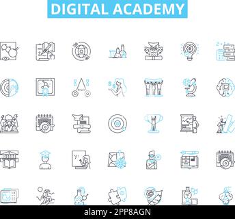 Digital academy linear icons set. Education, Technology, Innovation, Learning, Training, Skills, Digitalization line vector and concept signs Stock Vector
