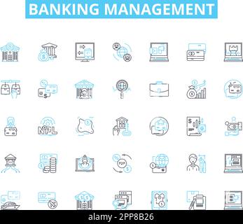 Banking management linear icons set. Funds, Loans, Investments, Deposits, Interest, Transactions, Credit line vector and concept signs. Security,Cash Stock Vector