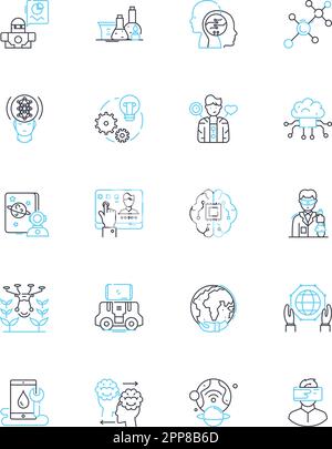 Cybernetics engineering linear icons set. Robotics, Automation, Machine learning, Nanotechnology, Augmentation, Cyborgs, Neural nerks line vector and Stock Vector