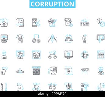 Corruption linear icons set. Bribery, Extortion, Nepotism, Embezzlement, Fraud, Graft, Kickbacks line vector and concept signs. My laundering Stock Vector