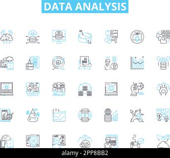 Data analysis linear icons set. Analytics, Big data, Insights, Metrics, Visualization, Dashboards, Statistics line vector and concept signs. Mining Stock Vector