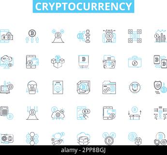 Cryptocurrency linear icons set. Bitcoin, Blockchain, Ethereum, Altcoins, Mining, Wallets, Trading line vector and concept signs. Exchange Stock Vector