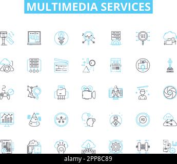 multimedia services linear icons set. Animation, Audio, Branding, Cinematography, Content, Design, Editing line vector and concept signs. Flash Stock Vector
