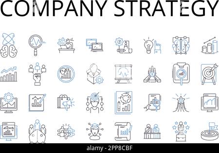 Company strategy line icons collection. Marketing plan, Business model, Sales approach, Product design, Brand identity, Market research, Competitive Stock Vector