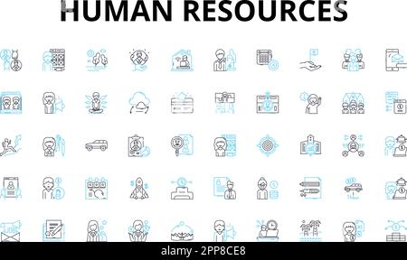 Human resources linear icons set. Recruitment, Hiring, Onboarding, Training, Development, Performance, Management vector symbols and line concept Stock Vector