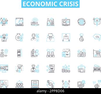 Economic crisis linear icons set. Recession, Depression, Inflation, Deflation, Bankruptcy, Default, Unemployment line vector and concept signs Stock Vector