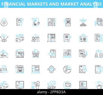 Financial markets and market analysis linear icons set. Stocks, Bonds, Commodities, Investments, Trading, Derivatives, Volatility line vector and Stock Vector