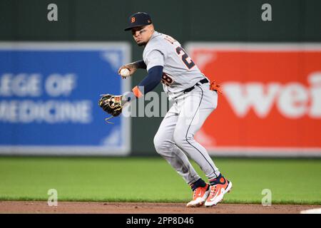 DETROIT, MI - APRIL 24: Detroit Tigers shortstop Javier Baez at bat during  the game between Colorado Rockies and Detroit Tigers on April 24, 2022 at  Comerica Park in Detroit, MI (Photo