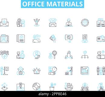 Office materials linear icons set. Desk, Chair, Pen, Paper, Stapler, Tape, Scissors line vector and concept signs. Highlighter,Marker,Calculator Stock Vector
