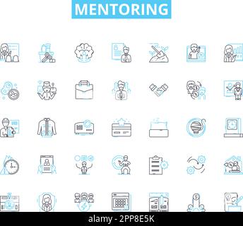 Mentoring linear icons set. Learning, Guidance, Coaching, Support, Advise, Experience, Sharing line vector and concept signs. Leadership,Development Stock Vector