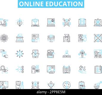 Online Education linear icons set. E-Learning, Virtual, Webinars, MOOC, Distance Learning, Digital, Interactive line vector and concept signs Stock Vector