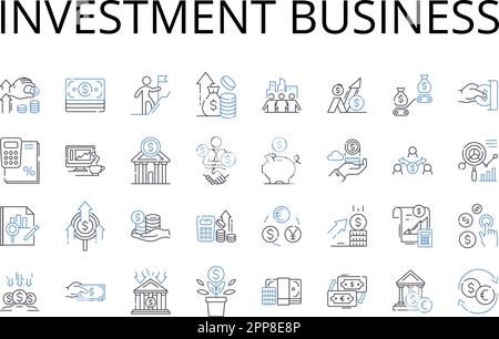 Investment business line icons collection. Finance industry, Trade market, Economic sector, Capital venture, Mtary commerce, Fiscal activity, Banking Stock Vector