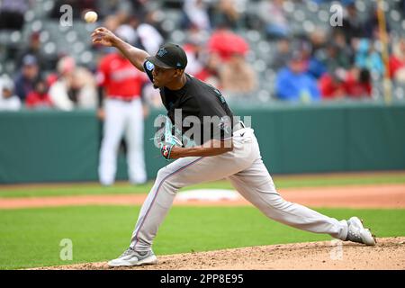 Miami Marlins pitcher Huascar Brazoban reacts after the final out during  the third inning of a baseball game against the New York Mets on Friday,  April 7, 2023, in New York. (AP Photo/Adam Hunger Stock Photo - Alamy