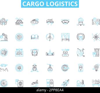 Cargo logistics linear icons set. Freight, Shipping, Transport, Supply chain, Warehouse, Distribution, Inventory line vector and concept signs Stock Vector