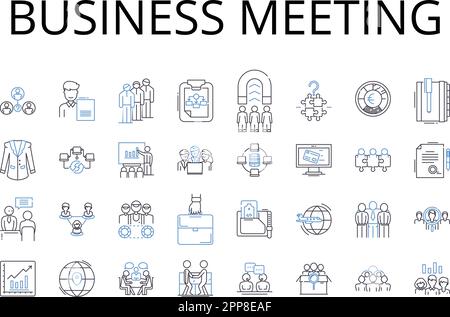 Business meeting line icons collection. Team building, Board meeting, Sales pitch, Conference call, Executive session, Office briefing, Staff huddle Stock Vector