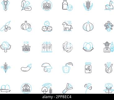 Cultivation field linear icons set. Harvesting, Irrigation, Fertilization, Tilling, Planting, Pruning, Sowing line vector and concept signs Stock Vector