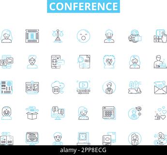 Conference linear icons set. Nerking, Presentations, Workshops, Keynote, Panels, Sessions, Industry line vector and concept signs. Experts,Speakers Stock Vector