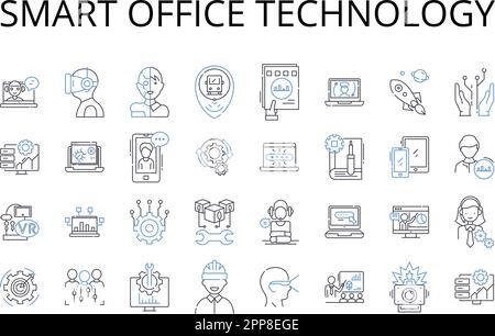 Smart office technology line icons collection. Responsive web design, Advanced algorithms, Digital marketing, Cloud computing, Social media, Wearable Stock Vector