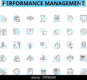 Performance management linear icons set. Metrics, Feedback, Goals, Appraisal, Evaluation, Development, Performance line vector and concept signs Stock Vector