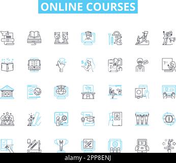 Online courses linear icons set. E-learning, Virtual, Distance, Web-based, Remote, Digital, Cyber line vector and concept signs. Internet,Interactive Stock Vector