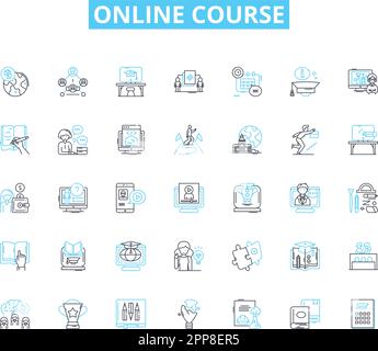 Online Course linear icons set. E-learning, Webinars, Certification, Video lessons, Courseware, Interactivity, Ongoing line vector and concept signs Stock Vector
