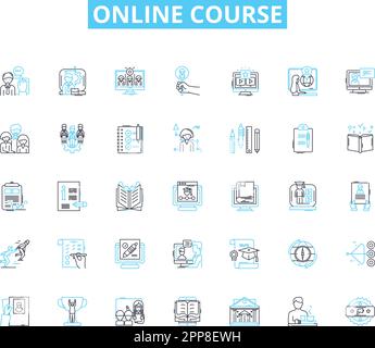 Online Course linear icons set. E-learning, Webinars, Certification, Video lessons, Courseware, Interactivity, Ongoing line vector and concept signs Stock Vector