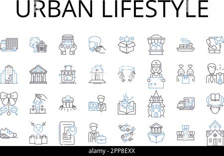 Urban lifestyle line icons collection. Rural living, Cosmopolitan vibe, Metropolitan culture, Fast-paced routine, Modern existence, Contemporary Stock Vector