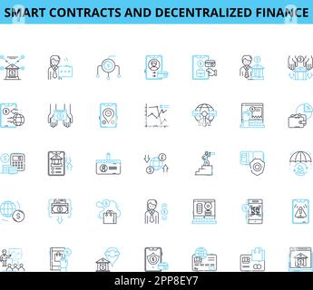 Smart contracts and decentralized finance linear icons set. Ethereum, Blockchain, Tokenization, Interoperability, Decentralization, Governance Stock Vector