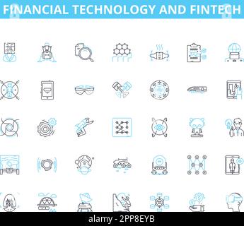 Financial Technology and FinTech linear icons set. Blockchain, Cryptocurrency, AI, Regtech, Peer-to-peer, Crowdfunding, Mobile payments line vector Stock Vector