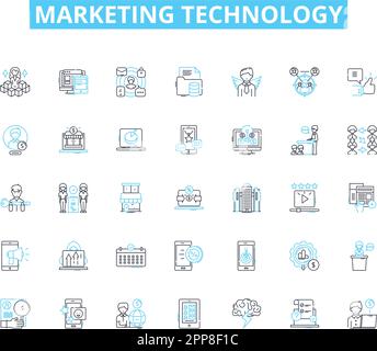 Marketing technology linear icons set. Analytics, Automation, Chatbot, Content, Conversion, CRM, Data line vector and concept signs. Digital,Email Stock Vector
