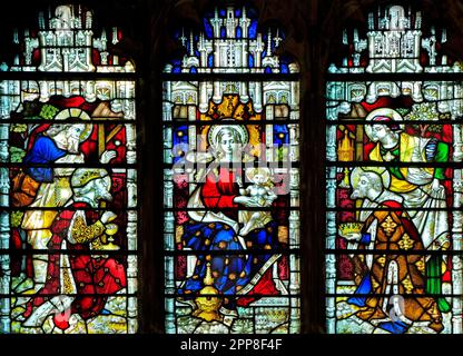 The Nativity, Adoration of the Magi, Three Kings, Mary, Joseph, Jesus, stained glass window, Docking, Norfolk, England, UK Stock Photo