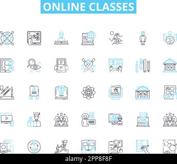 Online classes linear icons set. Virtual, Remote, Digital, E-learning, Web-based, Teleconferencing, Cyberlearning line vector and concept signs Stock Vector