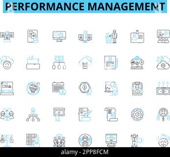Performance management linear icons set. Metrics, Feedback, Goals, Appraisal, Evaluation, Development, Performance line vector and concept signs Stock Vector