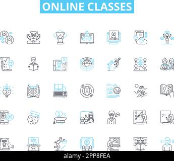 Online classes linear icons set. Virtual, Remote, Digital, E-learning, Web-based, Teleconferencing, Cyberlearning line vector and concept signs Stock Vector