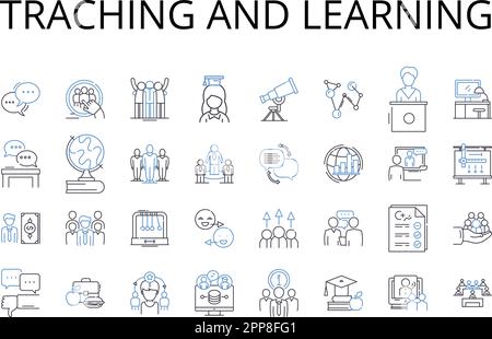 Traching and learning line icons collection. Creating teaching, Exploring learning, Sharing knowledge, Developing skills, Educating students Stock Vector