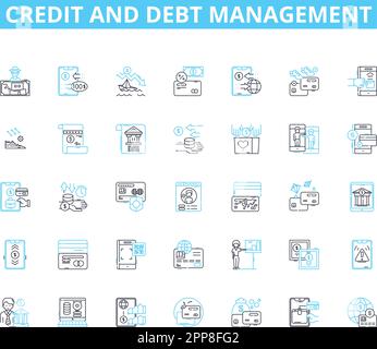 Credit and debt management linear icons set. Credirthiness, Interest, Balance, Budget, Score, Finance, Collection line vector and concept signs Stock Vector