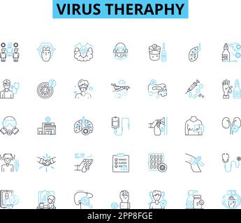Virus theraphy linear icons set. Immunotherapy, Gene therapy, Antivirals, Vaccines, Antibodies, Retrovirus, Oncolytic line vector and concept signs Stock Vector