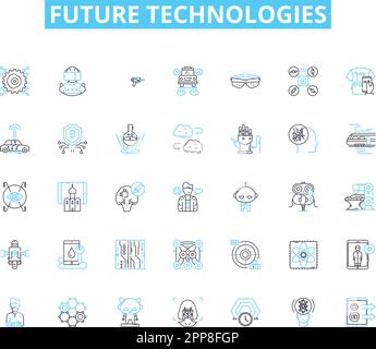 Future technologies linear icons set. Robotics, Drs, Augmented Reality, Virtual Reality, Biotechnology, Nanotechnology, Quantum Computing line vector Stock Vector