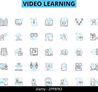 Video learning linear icons set. Instruction, Learning, Educational, Training, Tutorials, Online, Interactive line vector and concept signs. Lessons Stock Vector