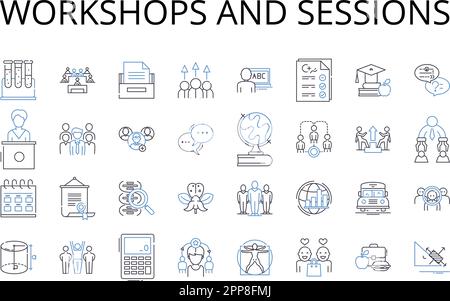 workshops and sessions line icons collection. Seminars and lectures, Talks and speeches, Classes and tutorials, Conferences and symposiums, Meetings Stock Vector