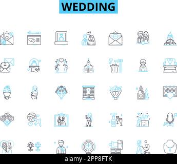 Wedding linear icons set. Love, Rings, Vows, Flowers, Dress, Cake, Venue line vector and concept signs. Ceremony,Reception,Guests outline Stock Vector