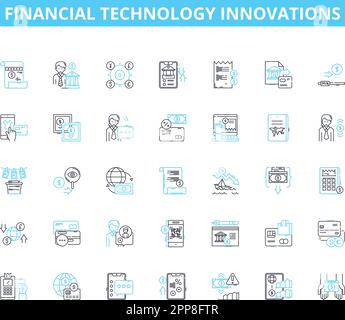 Financial technology innovations linear icons set. Cryptocurrency, Blockchain, Digital wallets, Peer-to-peer lending, Robo-advisors, Artificial Stock Vector