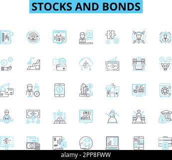 Stocks and bonds linear icons set. Asset, Dividend, Portfolio, Securities, Yield, Trading, Investment line vector and concept signs. Equity,Buy,Sell Stock Vector