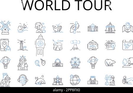 World tour line icons collection. Wild journey, Urban trek, High adventure, Daring odyssey, Global voyage, Continental hop, Cultural roam vector and Stock Vector