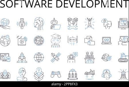 Software development line icons collection. Website design, Social media, Financial planning, Game development, Graphic design, Digital marketing Stock Vector