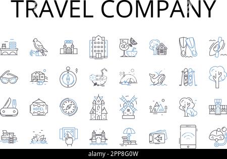 Travel company line icons collection. Adventure agency, Tour operator, Vacation planner, Journey experts, Excursion bureau, Trekking company, Roaming Stock Vector