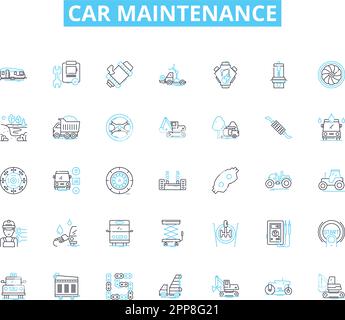 Car maintenance linear icons set. Oil change, Brake pads, Alignment, Battery, Radiator, Transmission, Spark plugs line vector and concept signs. Tire Stock Vector