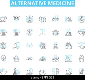 Alternative medicine linear icons set. Acupuncture, Aromatherapy, Ayurveda, Biofeedback, Chakra, Chiropractic, Detoxification line vector and concept Stock Vector