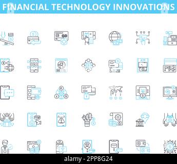 Financial technology innovations linear icons set. Cryptocurrency, Blockchain, Digital wallets, Peer-to-peer lending, Robo-advisors, Artificial Stock Vector