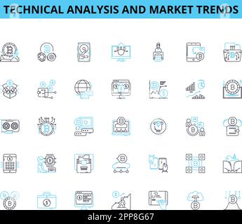 Technical analysis and market trends linear icons set. Resistance, Support, Momentum, Volume, Breakout, Trendline, Pattern line vector and concept Stock Vector